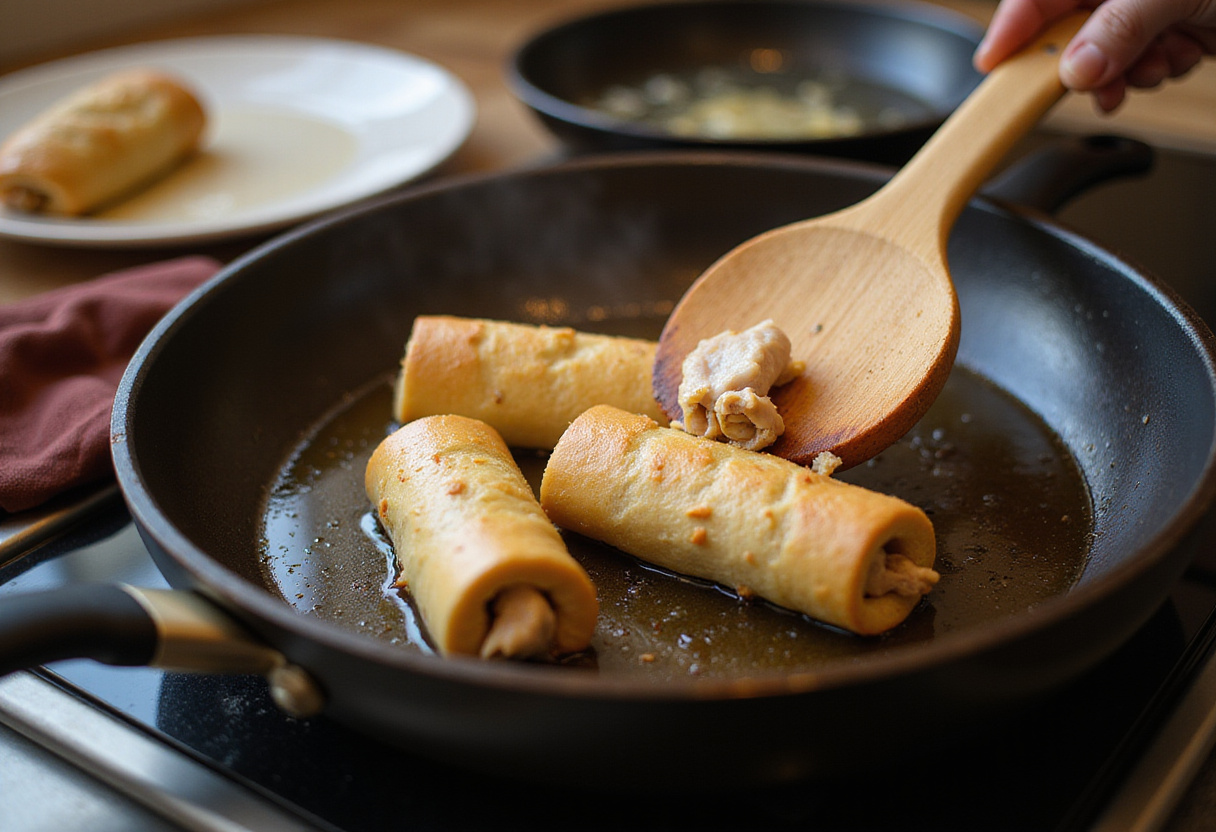 Cooking rolled chicken bread in a frying pan.