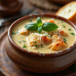 Finished Creamy Chicken Parmesan Soup with basil and Parmesan, ready to serve.