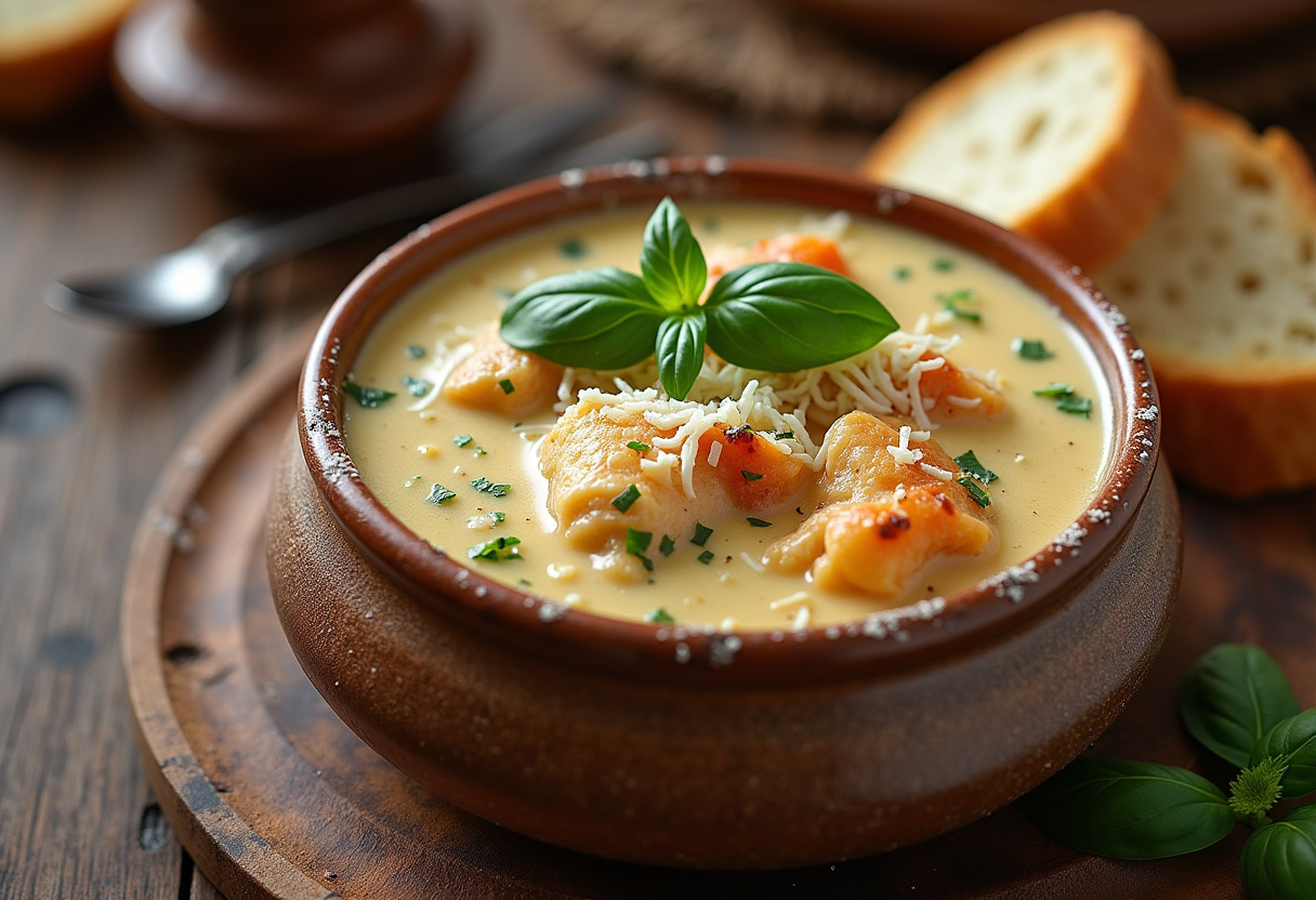 Finished Creamy Chicken Parmesan Soup with basil and Parmesan, ready to serve.
