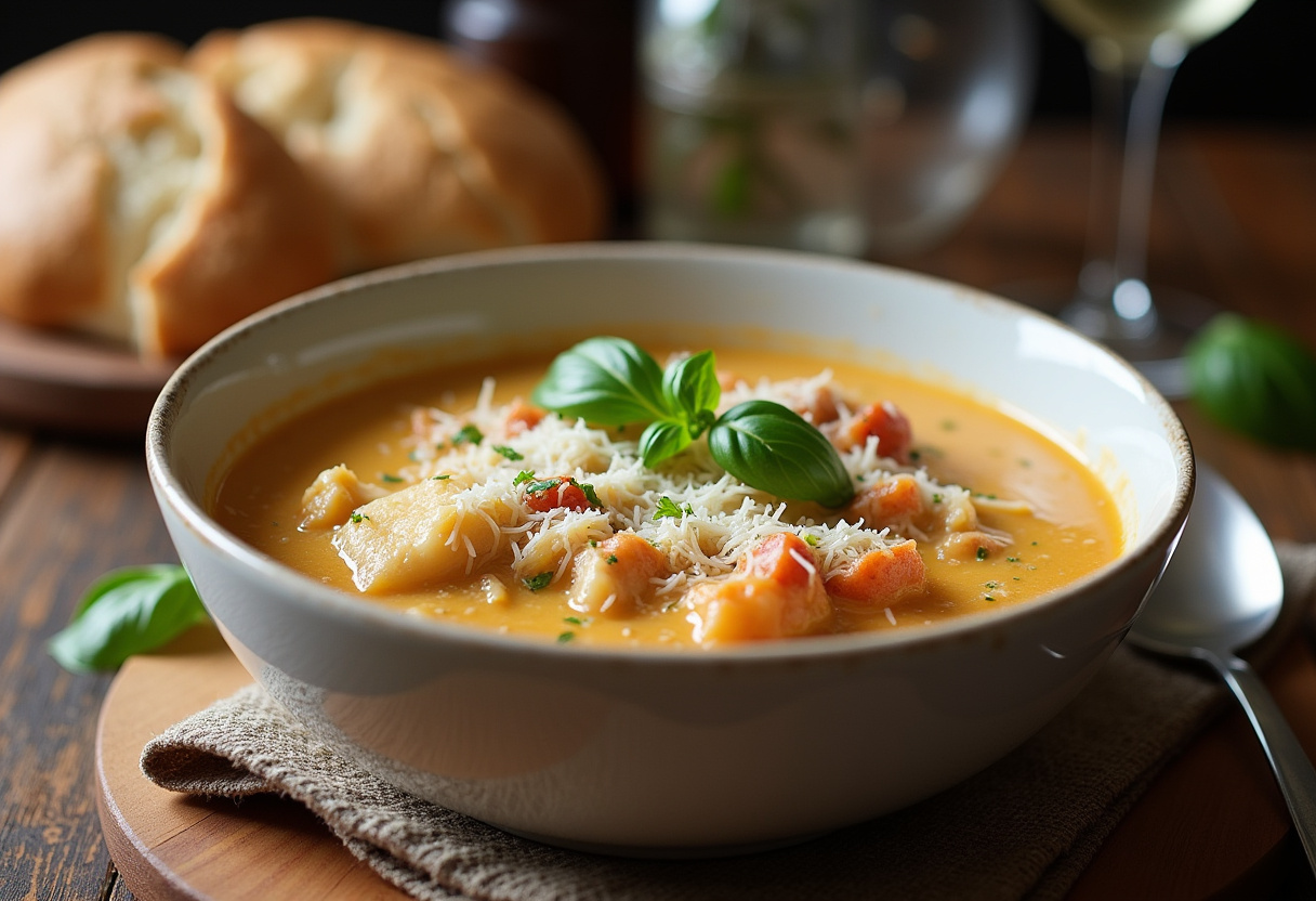 Finished Creamy Chicken Parmesan Soup with basil and Parmesan, ready to serve.