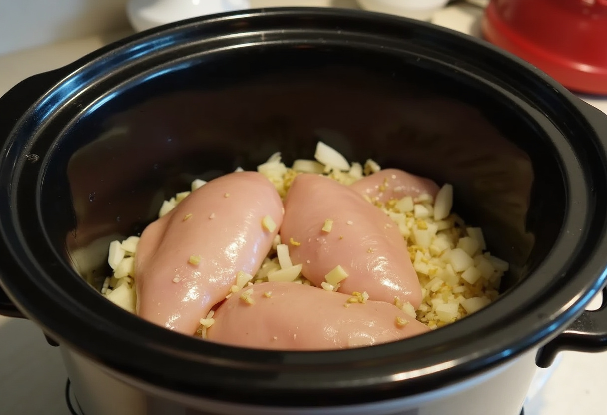 Raw chicken, onions, and garlic in a crock pot for Creamy Chicken Parmesan Soup.