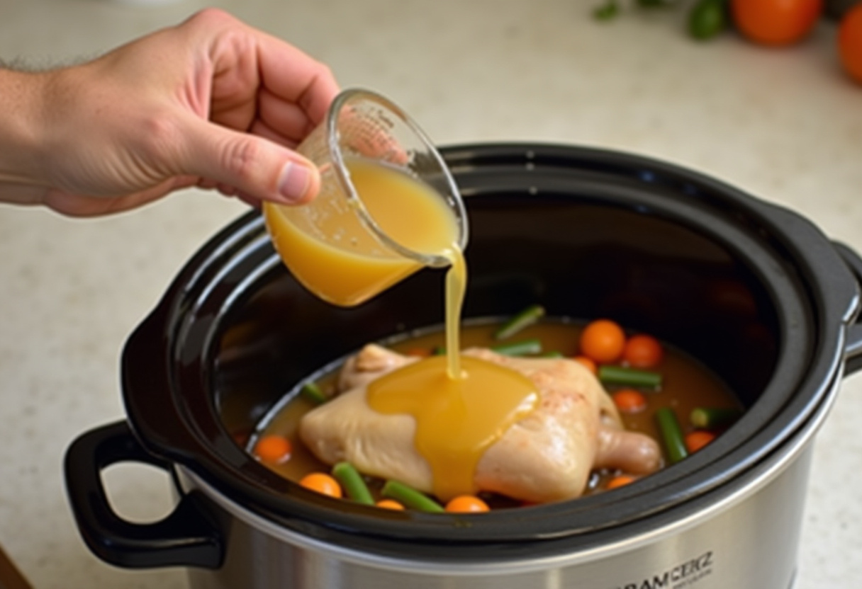 Chicken broth being added to the crock pot for Creamy Chicken Parmesan Soup.