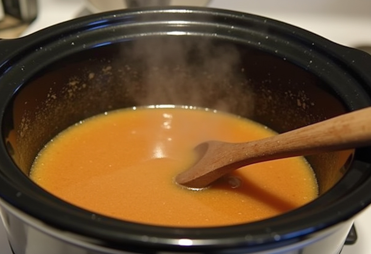 Simmering chicken and vegetables in a crock pot for Creamy Chicken Parmesan Soup.