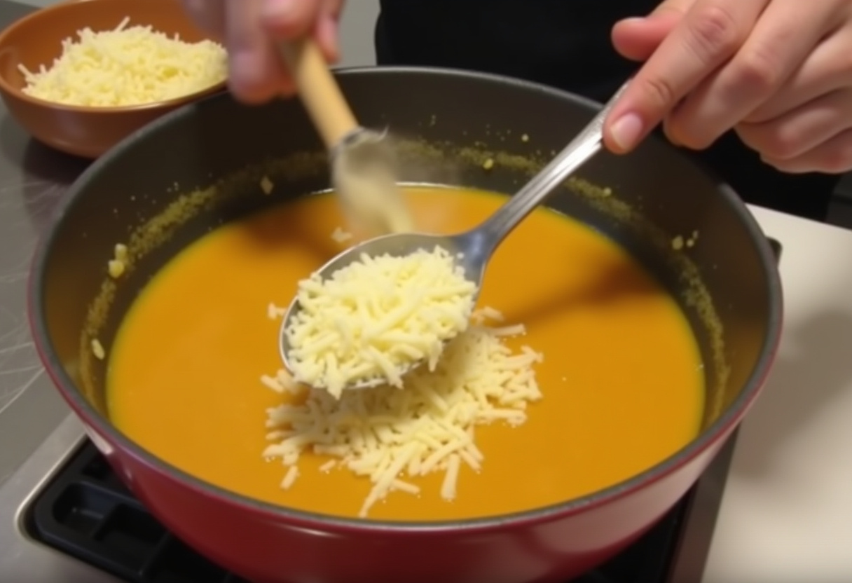 Heavy cream and Parmesan cheese being stirred into the cooked soup.