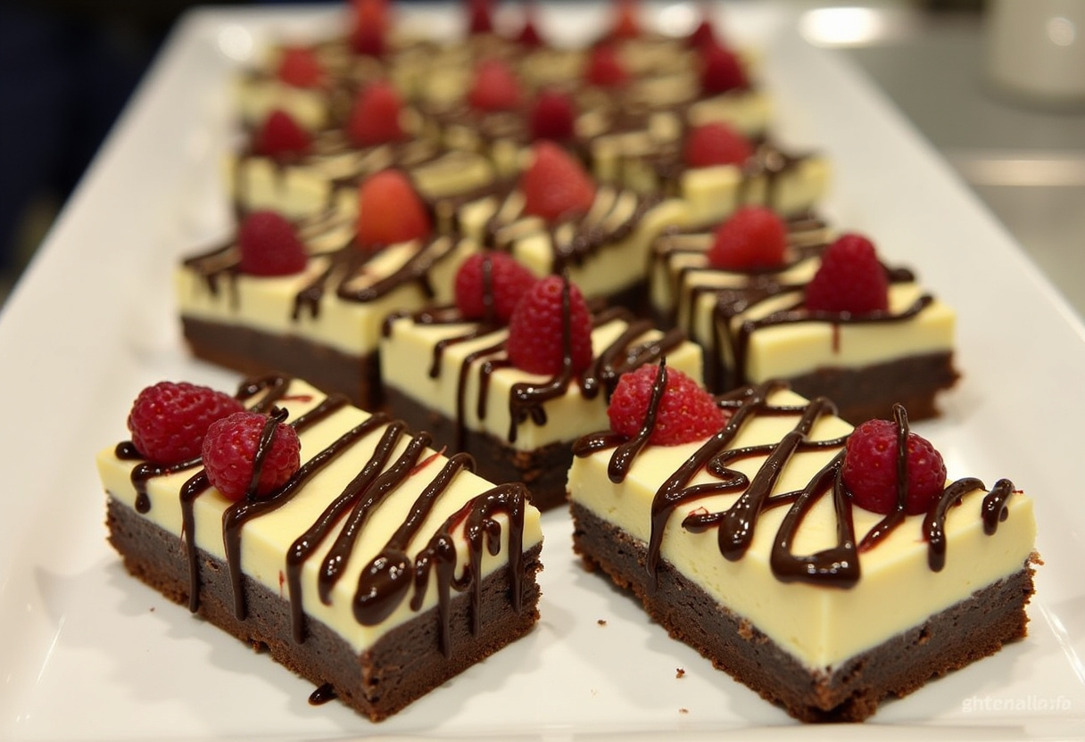Finished Decadent Chocolate Chip Cheesecake Bar Bites with chocolate drizzle and berries.