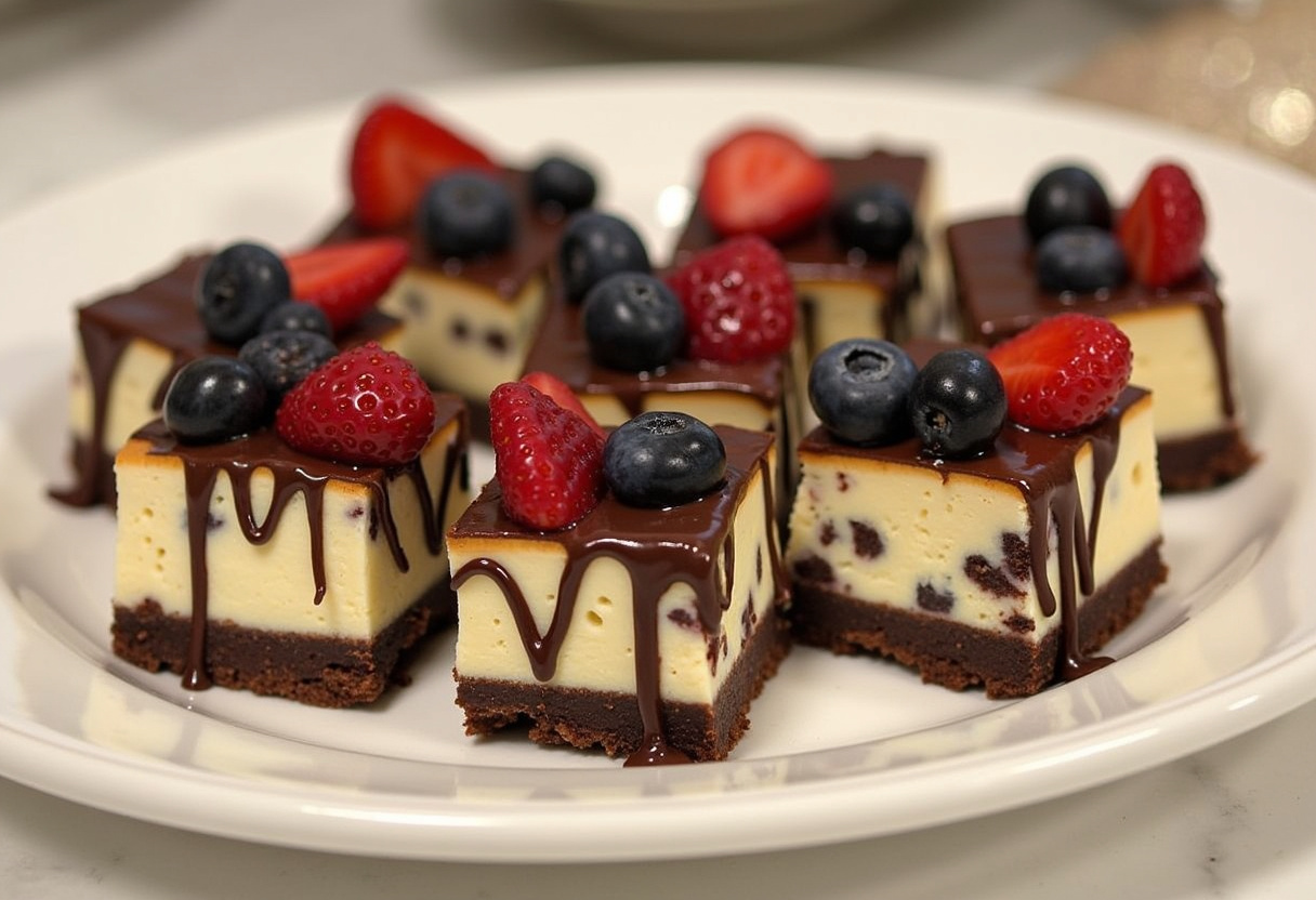 Finished Decadent Chocolate Chip Cheesecake Bar Bites with chocolate drizzle and berries.
