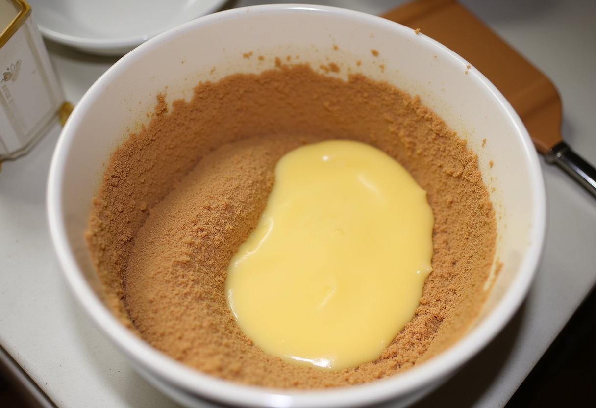 Graham cracker crumbs and melted butter mixed for the crust of Decadent Chocolate Chip Cheesecake Bar Bites.