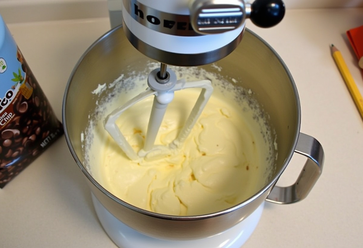 Cream cheese mixture being blended for Chocolate Chip Cheesecake Bar Bites.