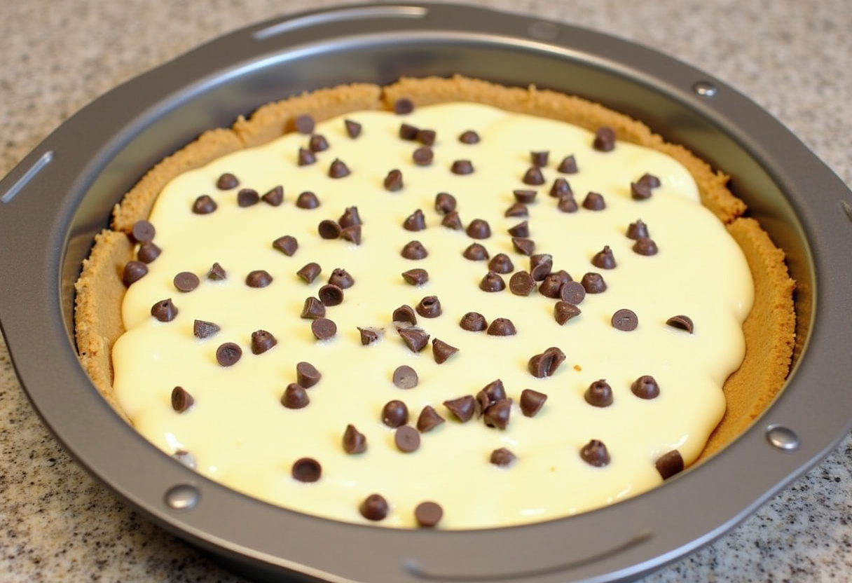 Cream cheese layer and chocolate chips added to the crust for baking.