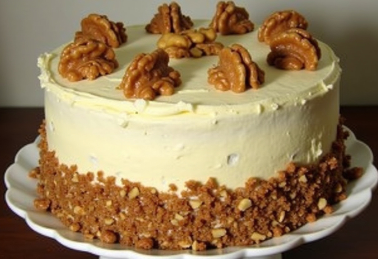 Finished Delicious Carrot Cake with cream cheese frosting and walnuts, ready to serve.