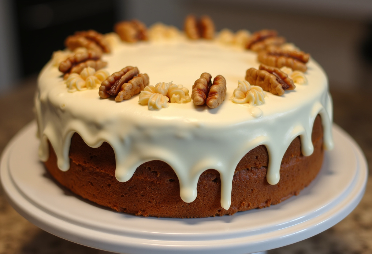 Finished Delicious Carrot Cake with cream cheese frosting and walnuts, ready to serve.