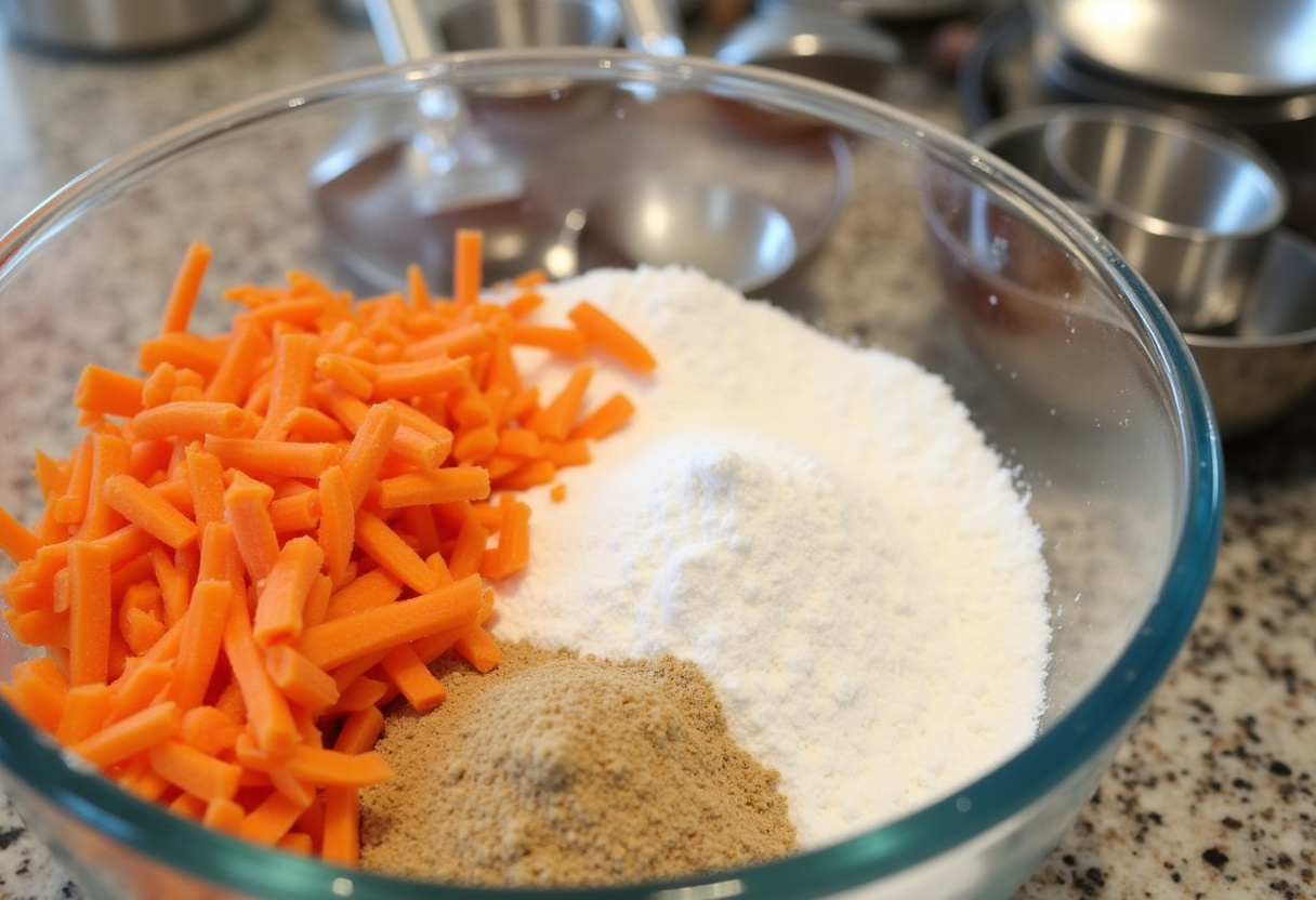 Grated carrots mixed with flour and sugar for Delicious Carrot Cake batter.