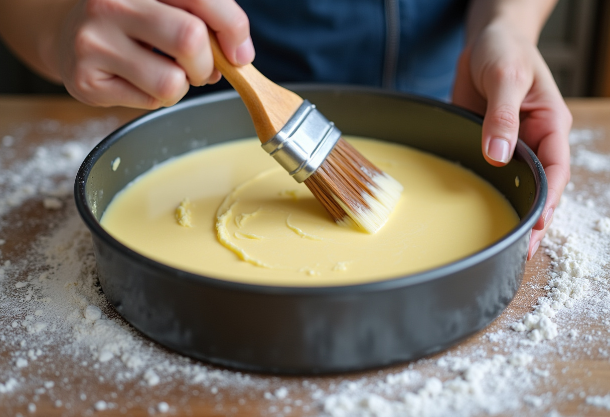 Cake pan being prepared for Delicious Carrot Cake batter.