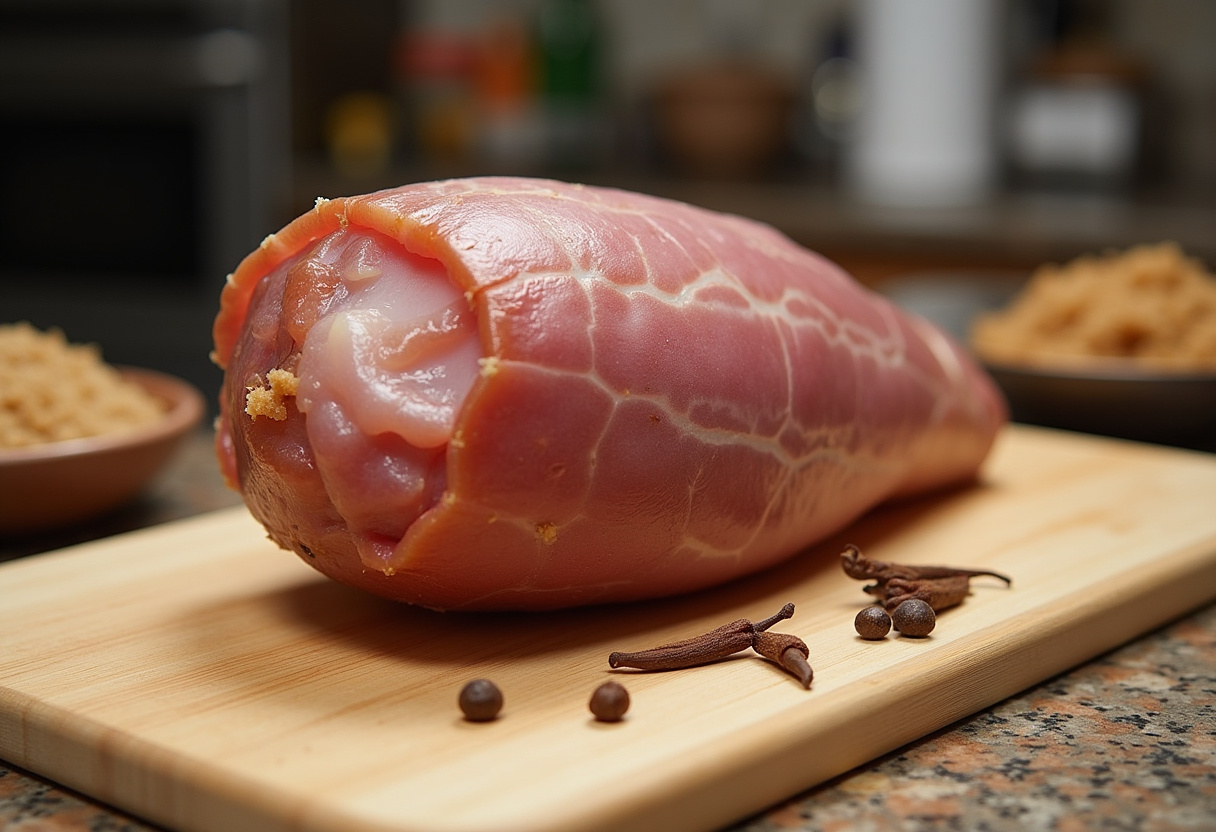 Raw ham with cloves and brown sugar ready for glazing preparation.