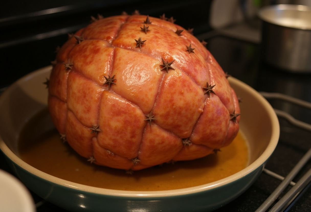 Ham scored and studded with cloves in a baking dish for glazing.