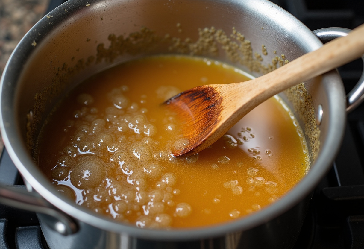 Homemade glaze mixture of brown sugar, honey, and mustard simmering on the stove.