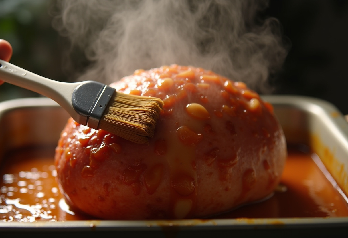 Glaze being brushed onto the ham for a delicious caramelized finish.