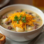 Delicious Hamburger Potato Soup garnished with cheese and green onions, ready to eat.