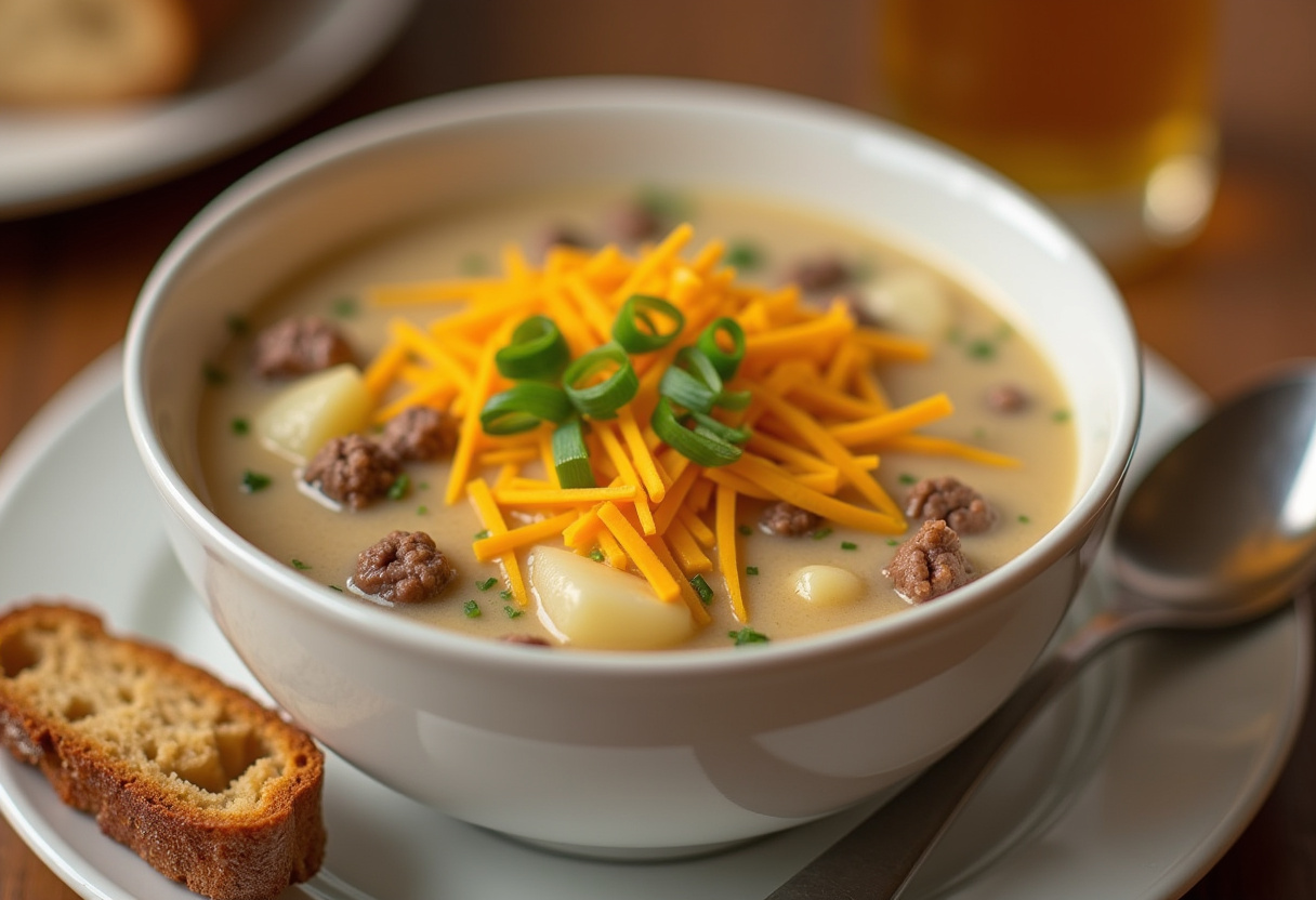 Delicious Hamburger Potato Soup garnished with cheese and green onions, ready to eat.