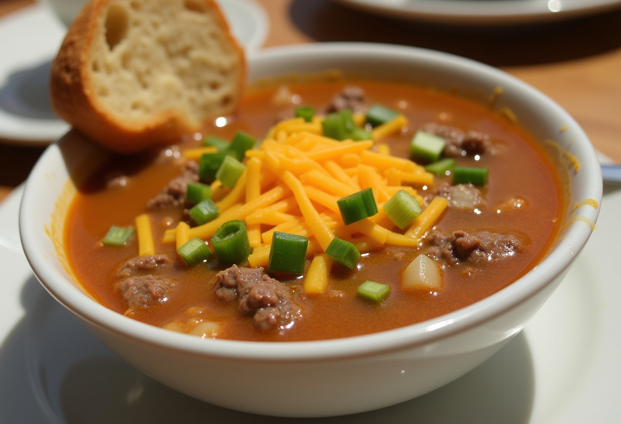 Delicious Hamburger Potato Soup garnished with cheese and green onions, ready to eat.