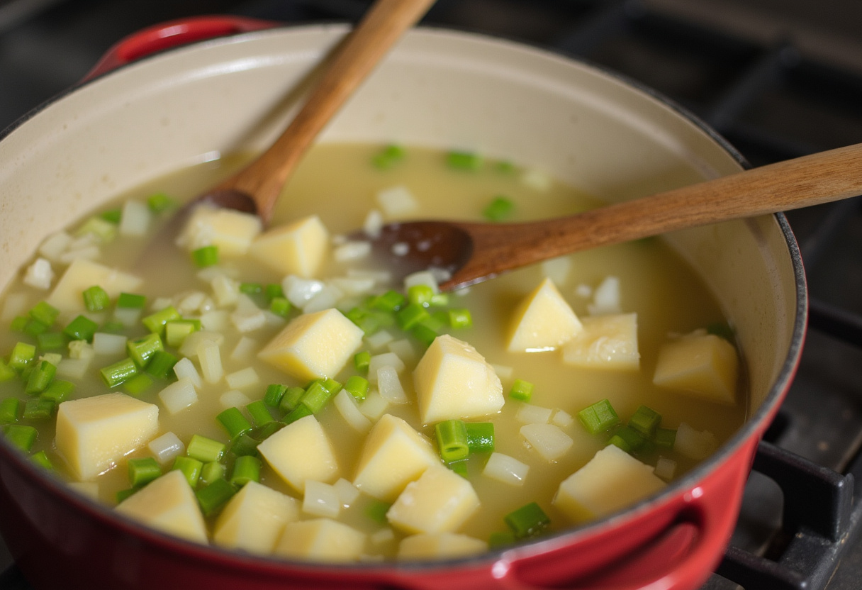 Diced potatoes, onions, and celery simmering in a pot for Hamburger Potato Soup.