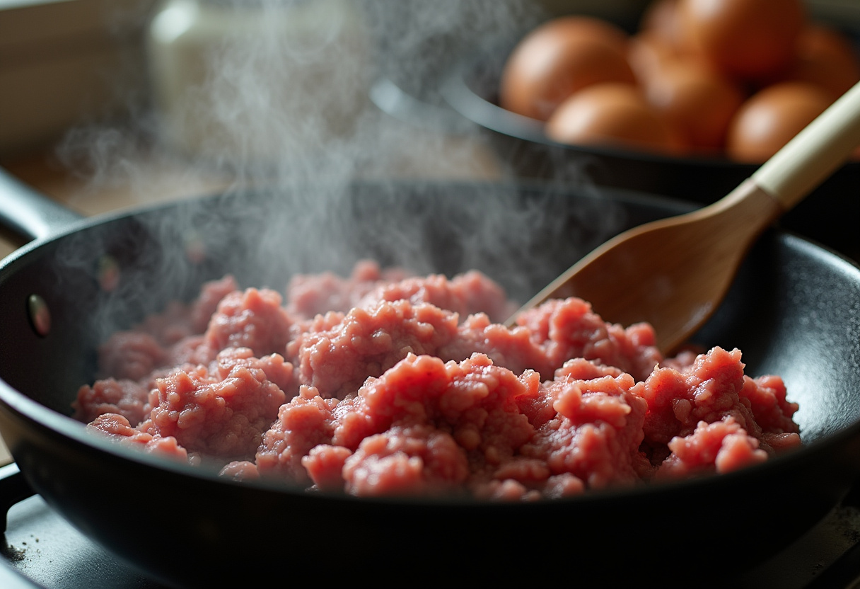 Ground beef browning in a skillet for Hamburger Potato Soup.