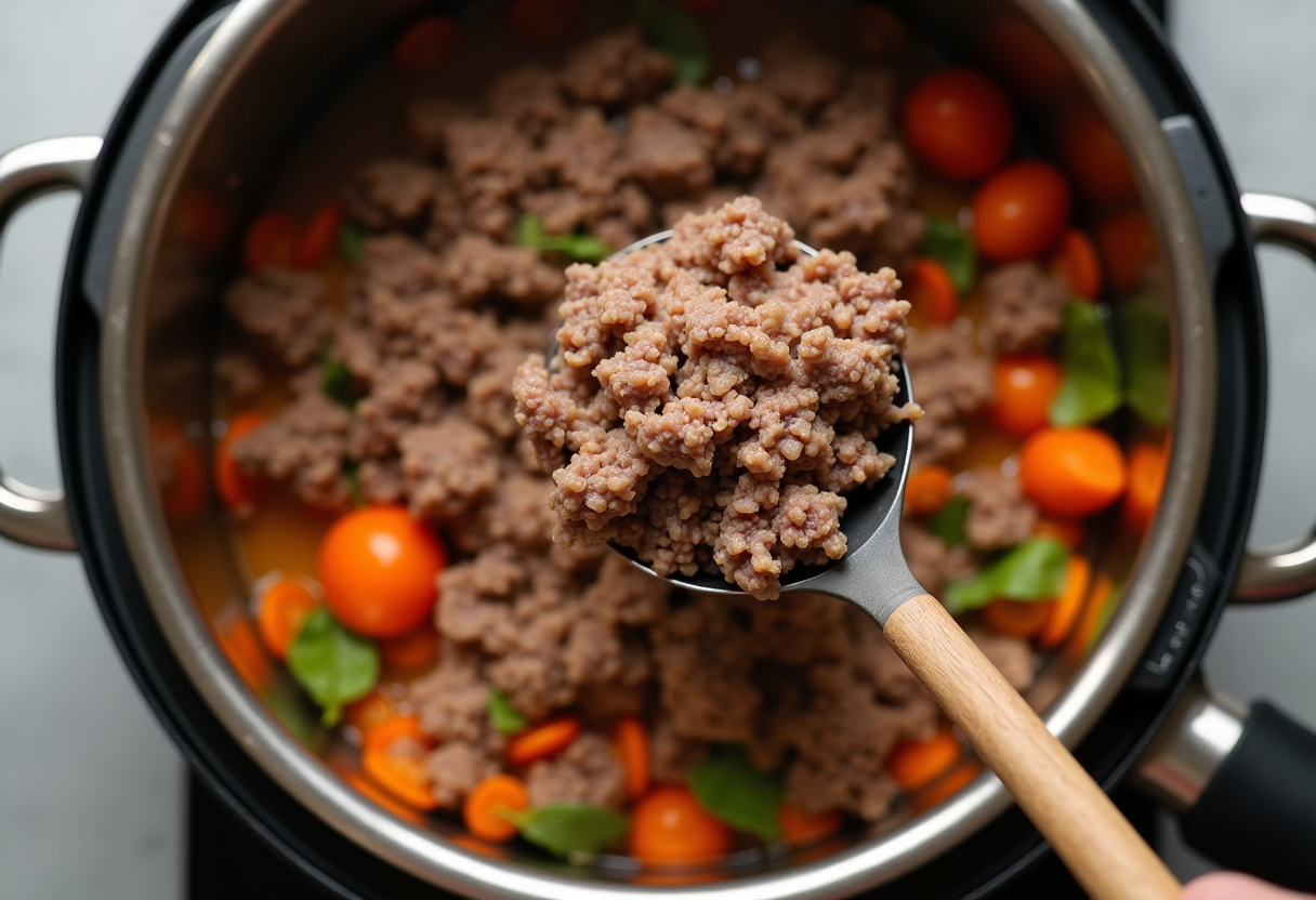 Cooked ground beef added to simmering vegetables for Hamburger Potato Soup.