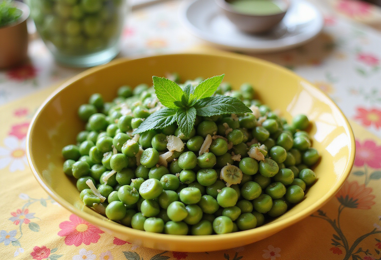 Delicious Spring Pea Salad garnished with mint leaves, ready to serve.