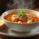 Finished Tuscan Chicken Soup with fresh basil and Parmesan, ready to serve in 30 minutes.