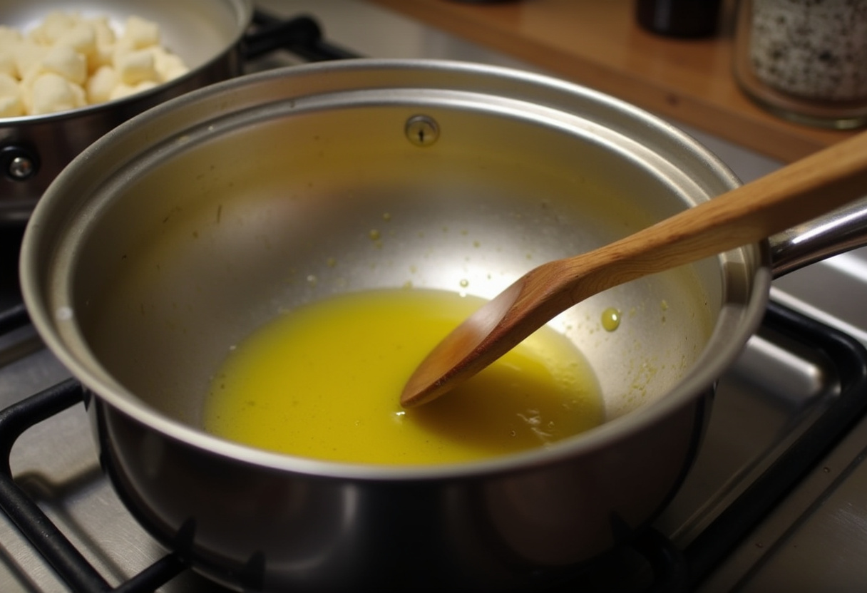 Olive oil heating in a pot for making Delicious Tuscan Chicken Soup with wooden spoon nearby