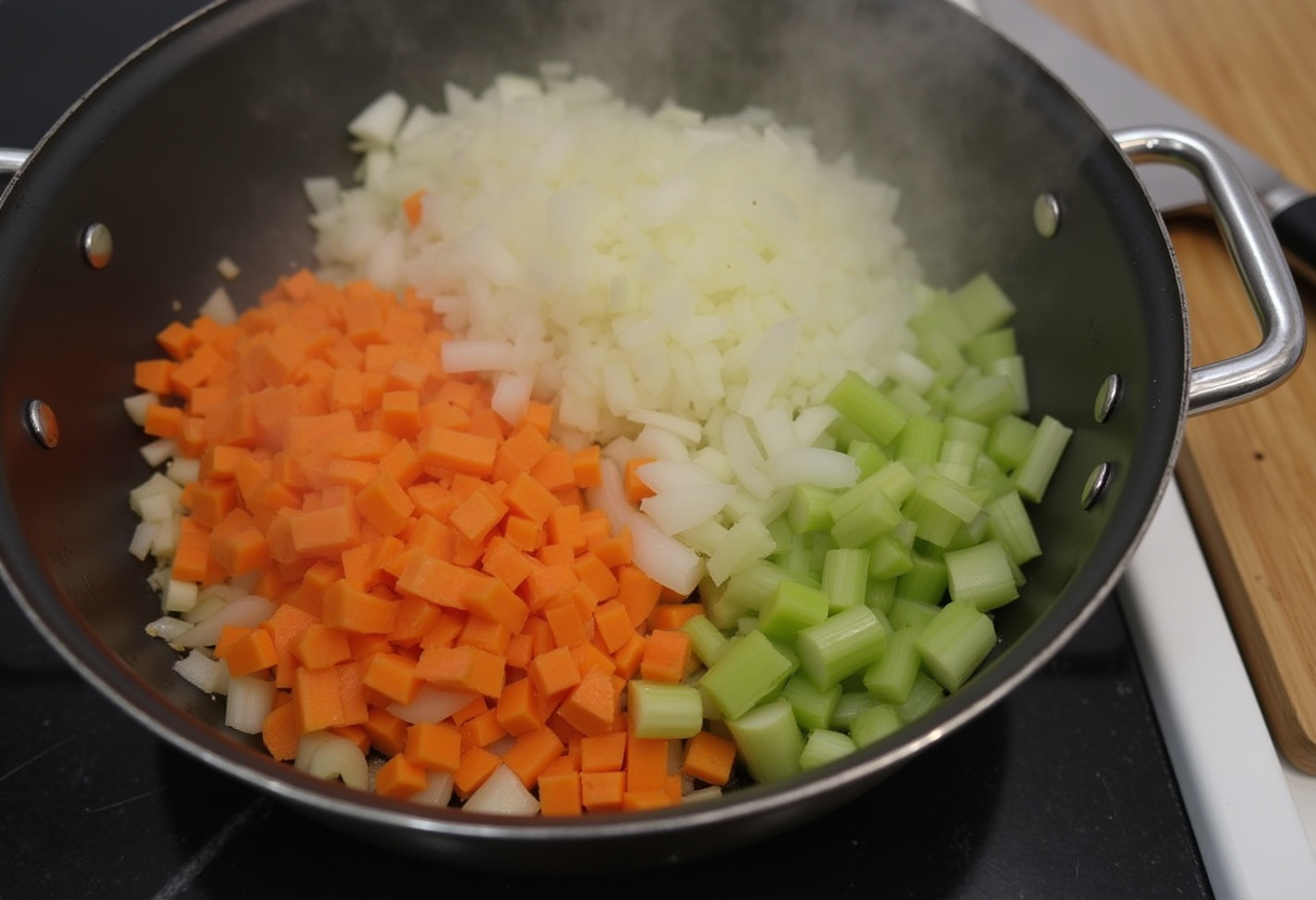 Sautéing onions, carrots, and celery for Tuscan Chicken Soup base with wooden spoon stirring