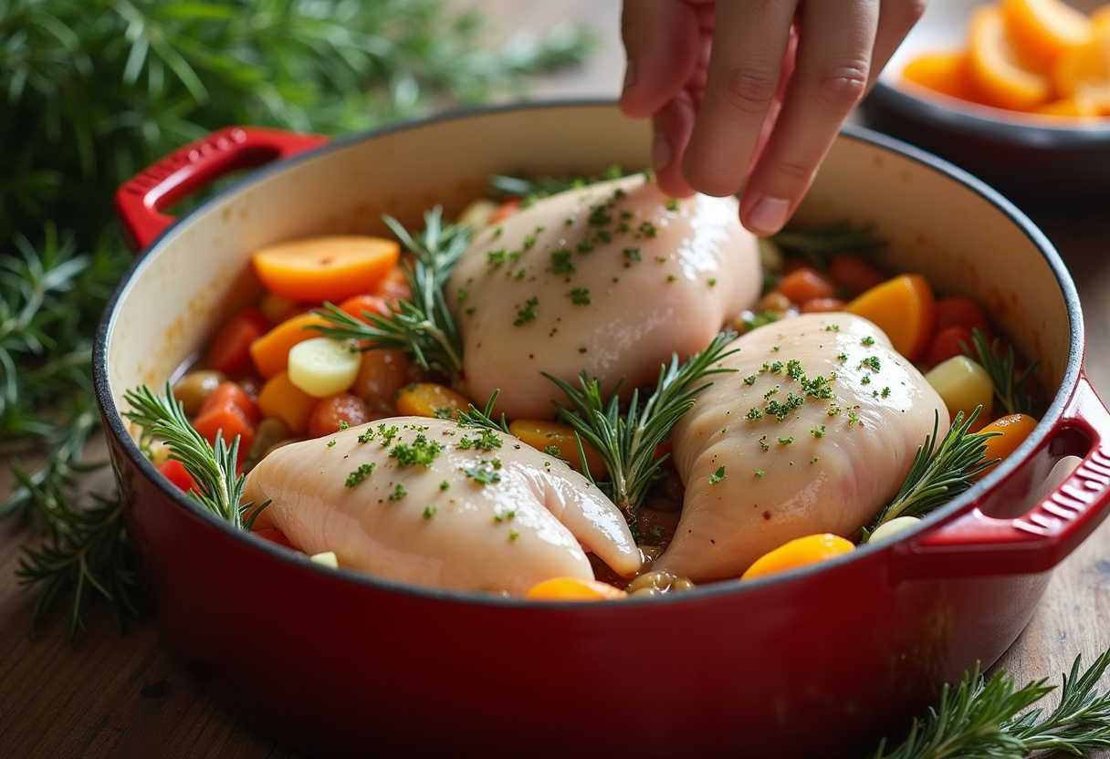 Adding chicken breasts and fresh herbs to the soup pot with steam rising