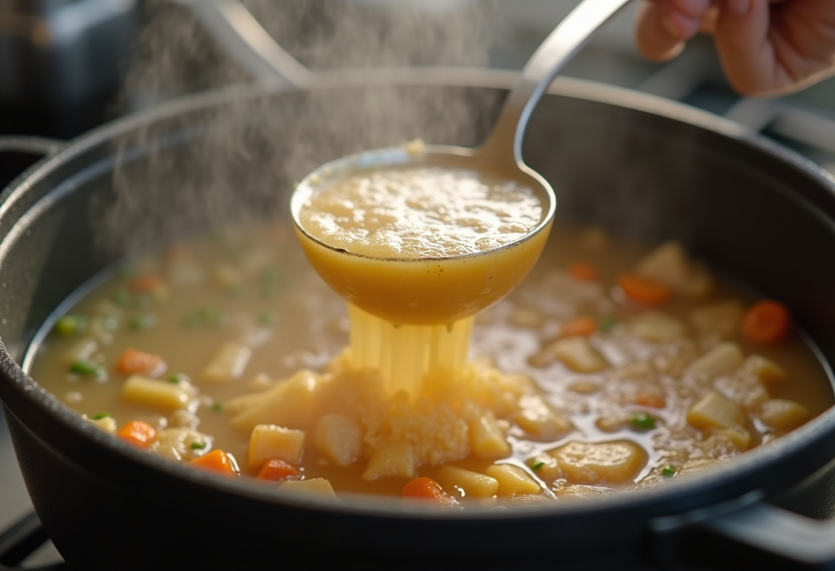 Pouring chicken broth into the pot for Tuscan Chicken Soup with steam rising