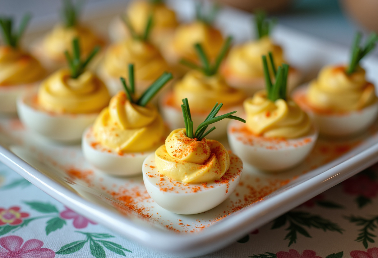 Beautifully garnished Deviled Eggs ready for Easter dinner.