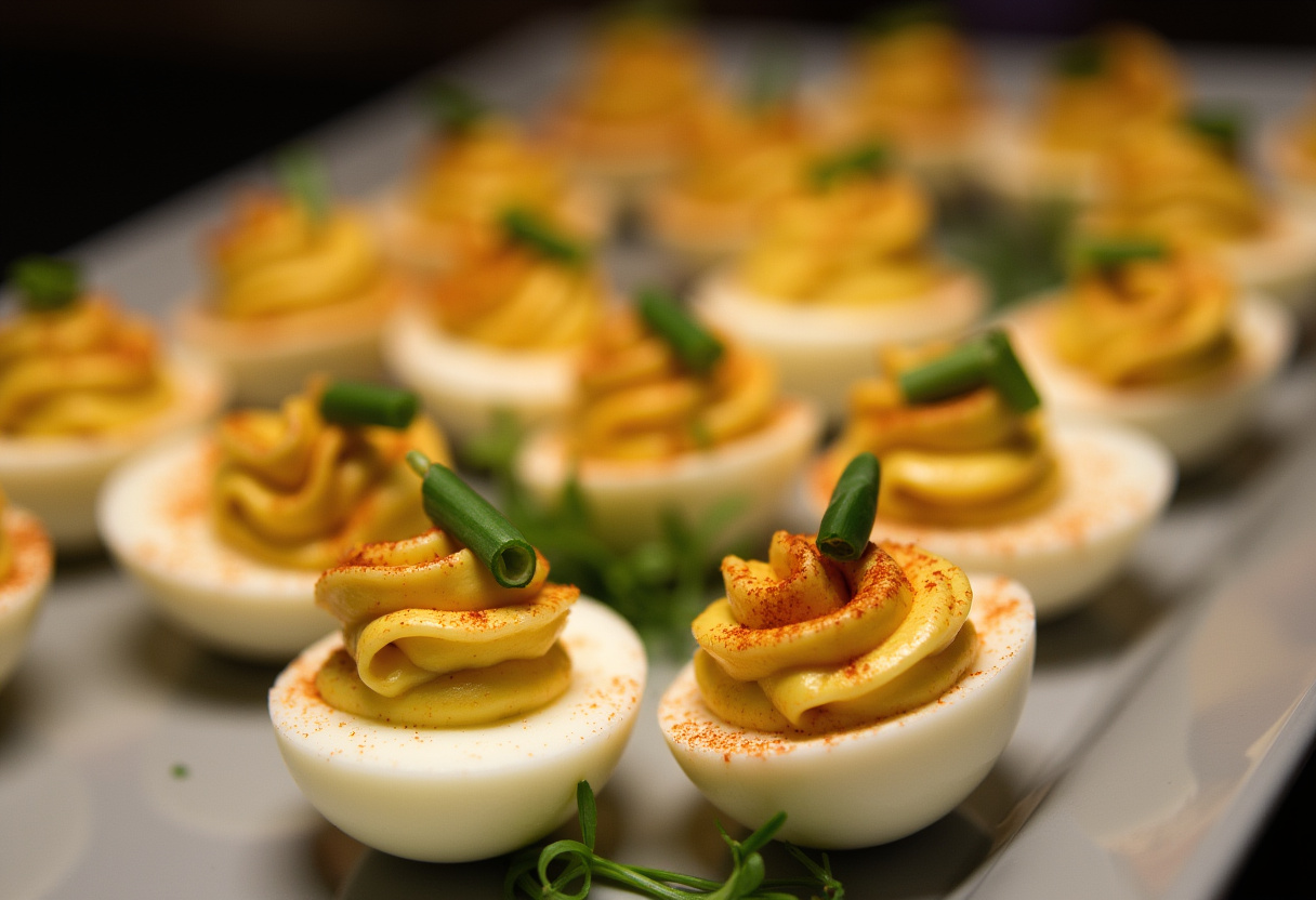 Gourmet Deviled Eggs with a Twist garnished with chives and smoked paprika.