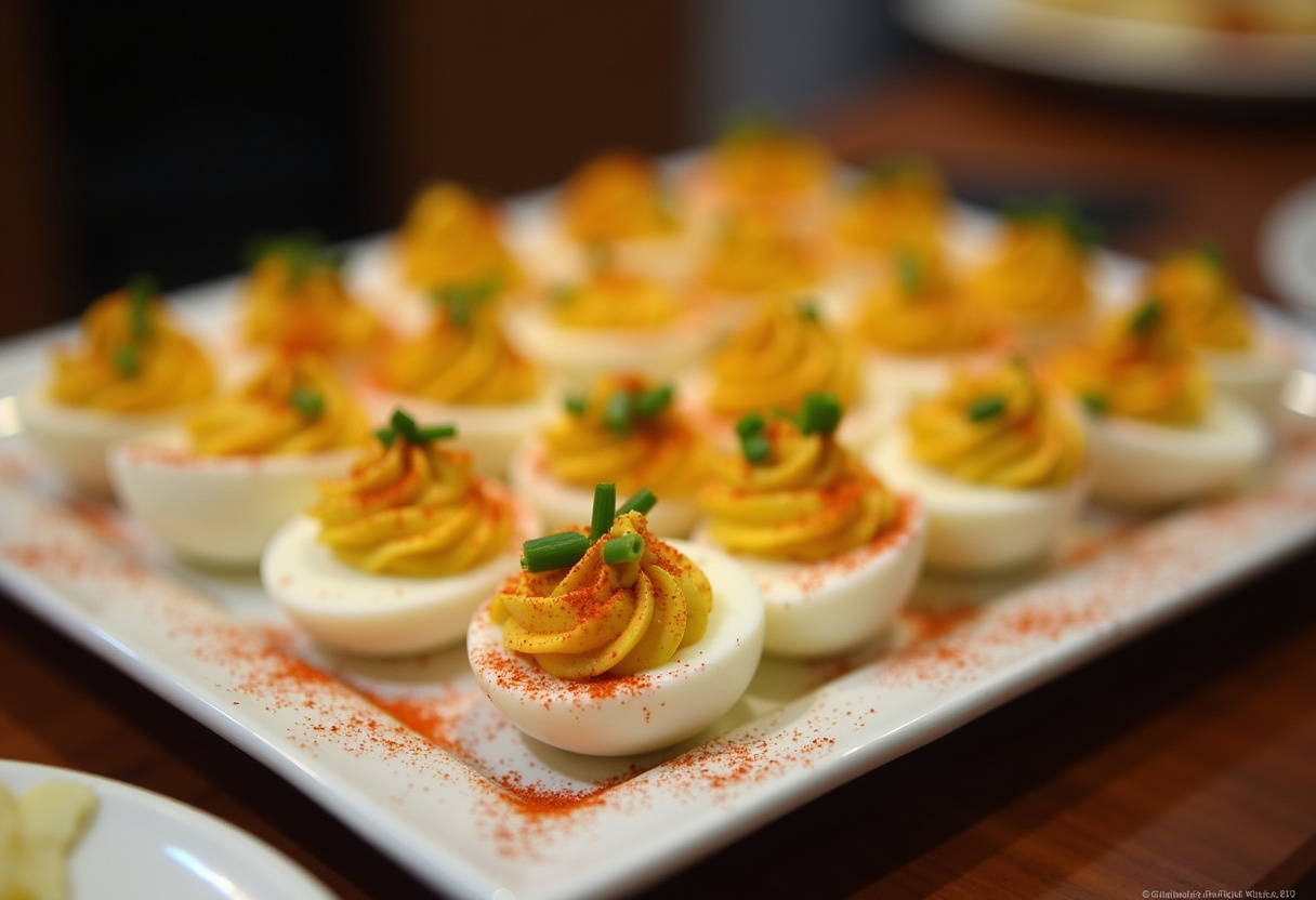 Gourmet Deviled Eggs with a Twist garnished with chives and smoked paprika.