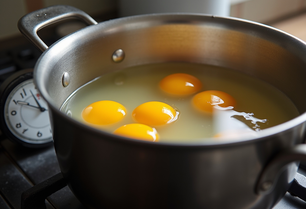 Eggs boiling in a pot for making Deviled Eggs with a Twist.