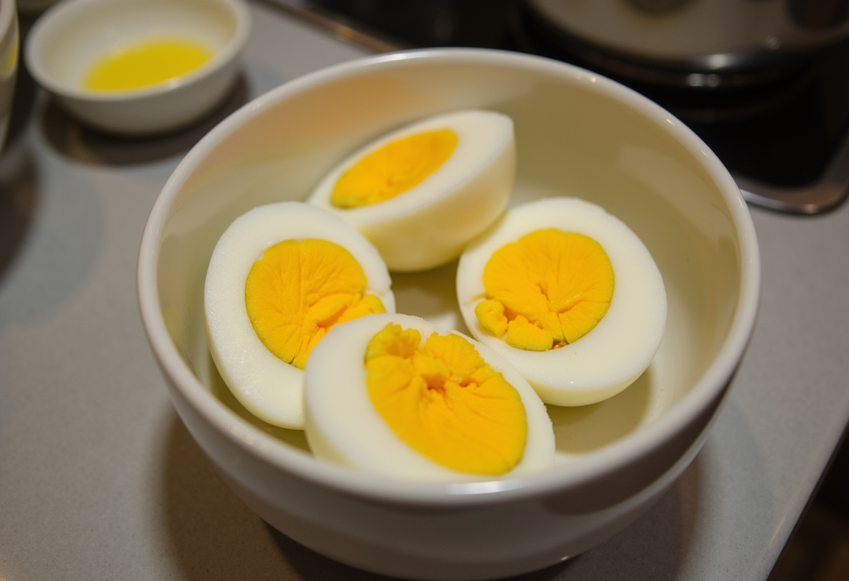 Halved hard-boiled eggs with yolks removed for Deviled Eggs with a Twist.