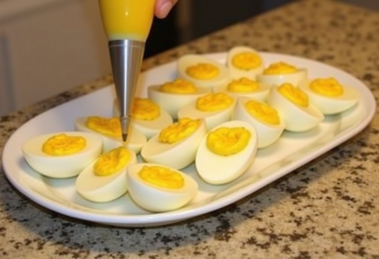 Piping yolk mixture into egg whites for Deviled Eggs with a Twist.
