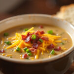 Delicious Easy Cheeseburger Soup with cheese, bacon, and green onions, ready to serve.