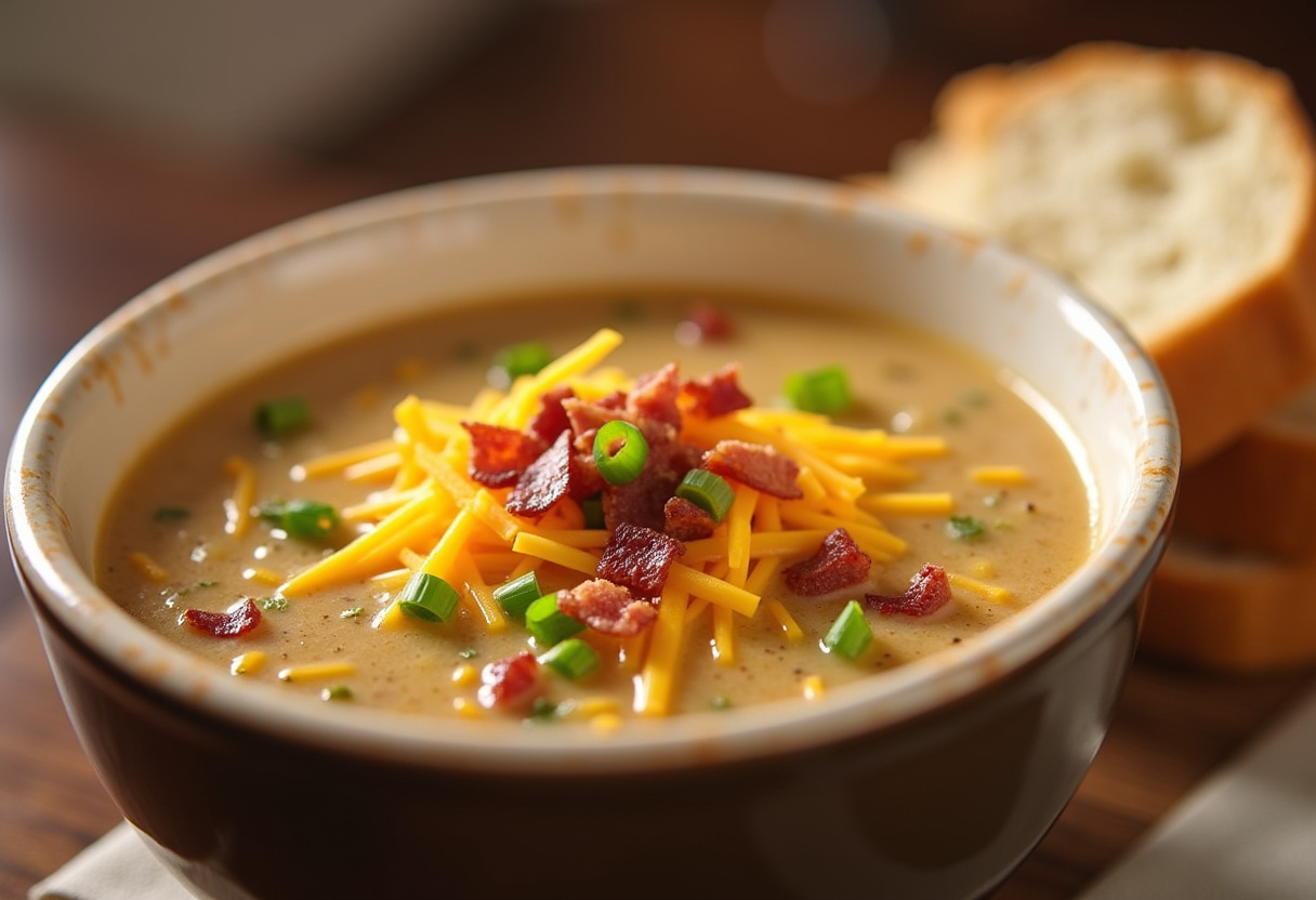 Delicious Easy Cheeseburger Soup with cheese, bacon, and green onions, ready to serve.