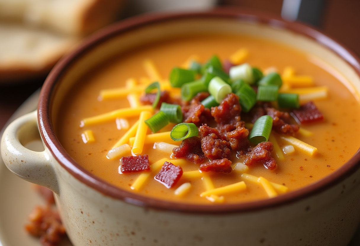 Delicious Easy Cheeseburger Soup with cheese, bacon, and green onions, ready to serve.