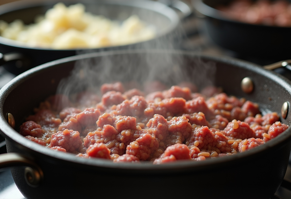 Ground beef and onions cooking in a pot for Easy Cheeseburger Soup.