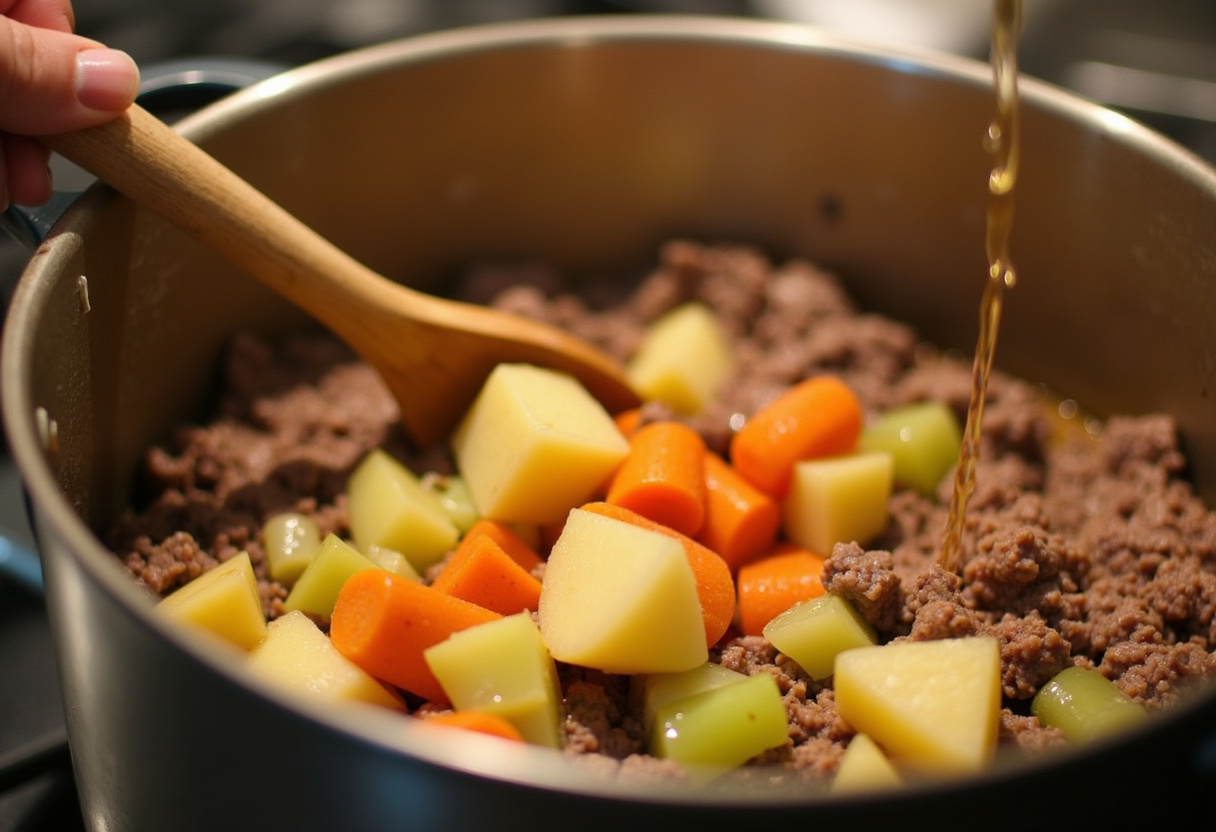 Vegetables and broth added to the pot for Easy Cheeseburger Soup.