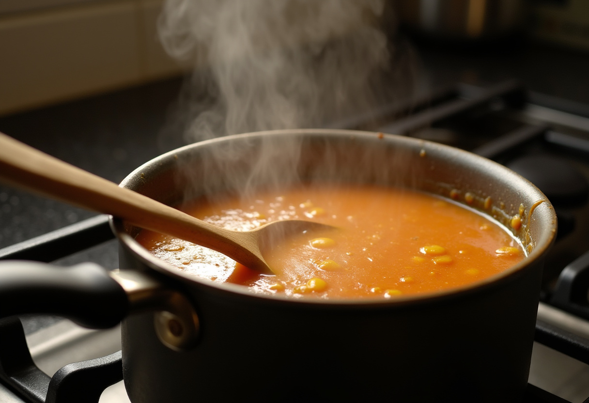 Easy Cheeseburger Soup simmering on the stove.