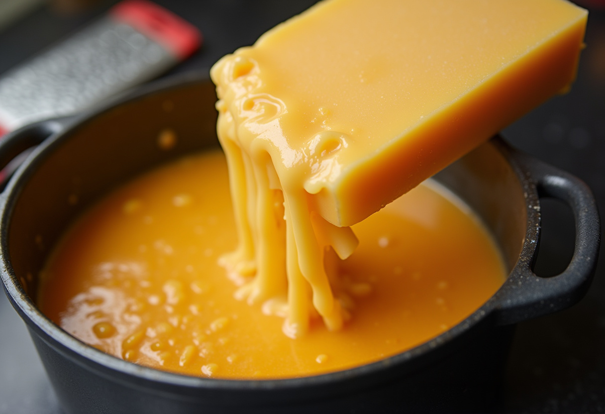 Cheddar cheese being added to the Easy Cheeseburger Soup.