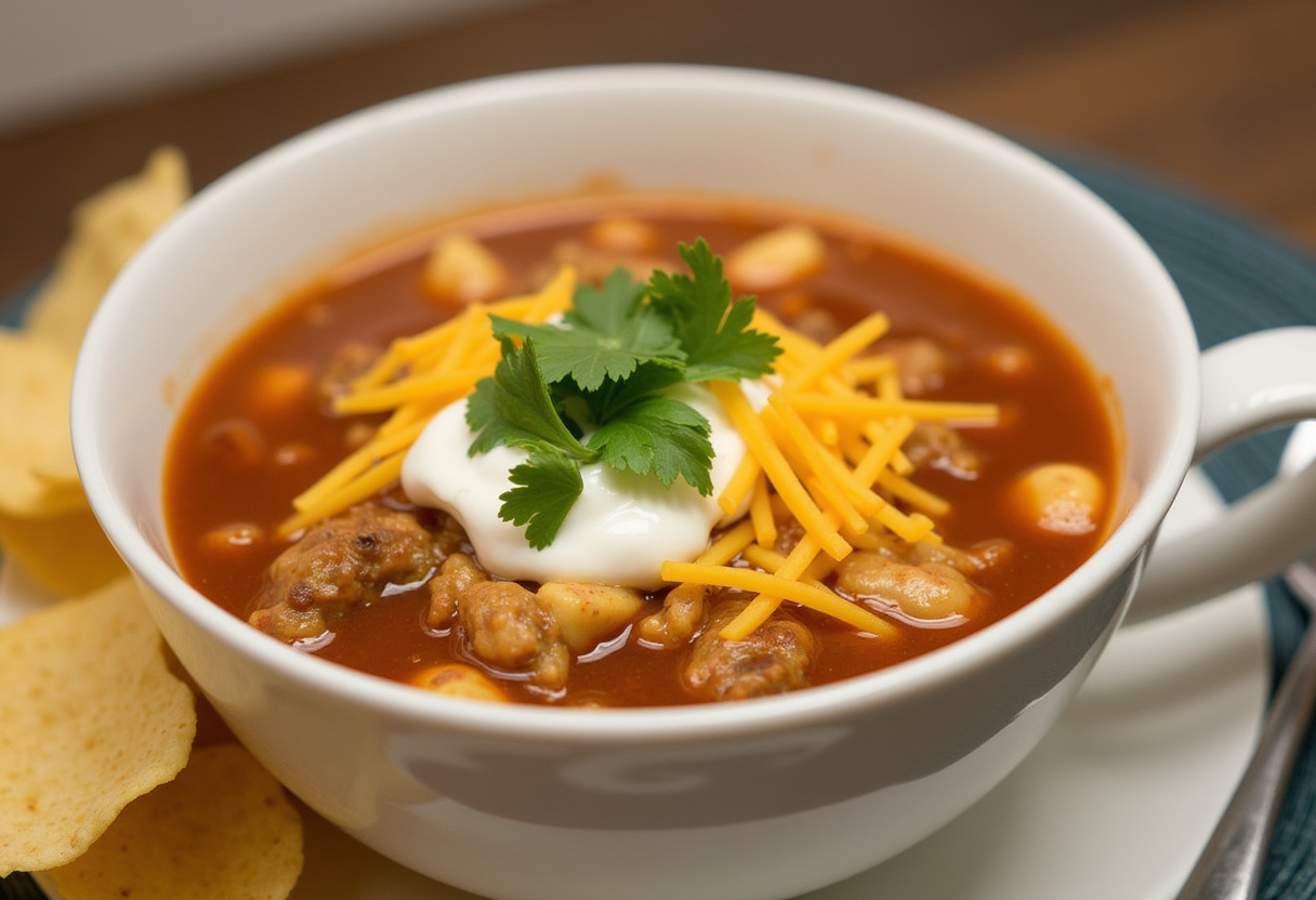 Finished Easy Chicken Taco Soup with toppings and tortilla chips.
