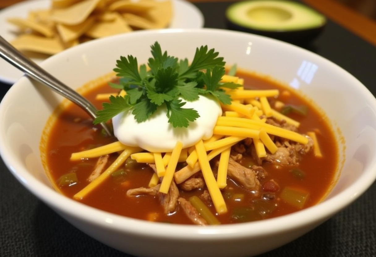 Finished Easy Chicken Taco Soup with toppings and tortilla chips.