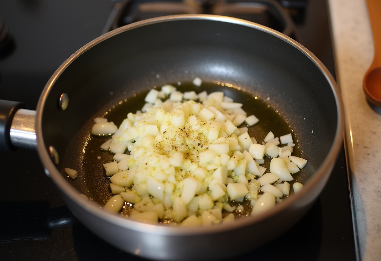Onions and garlic sautéing in a pot for Easy Chicken Taco Soup.