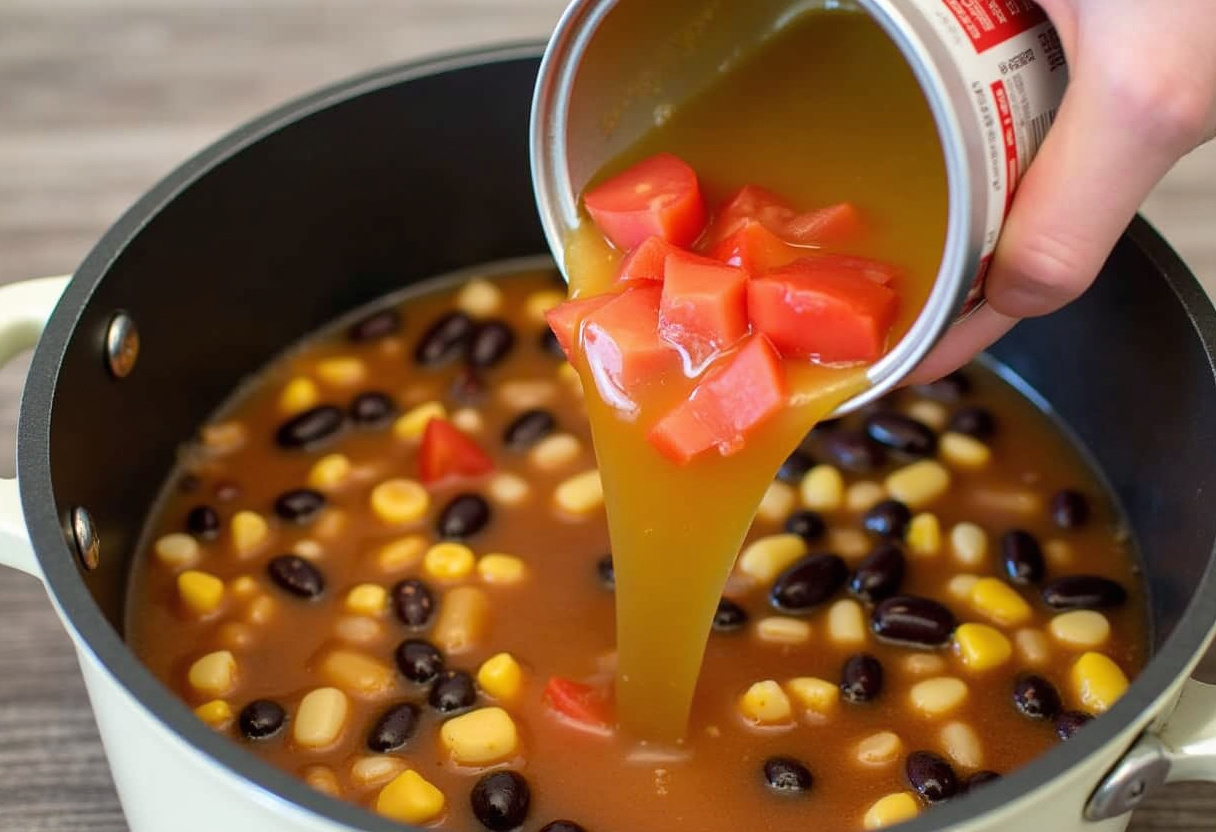 Adding tomatoes, beans, and corn to the Chicken Taco Soup.